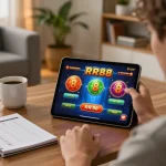 Player enjoying RR88 casino games on a tablet in a cozy living room atmosphere, promoting responsible gaming.