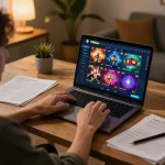 Players engaging in immersive online gaming experience on 789bet from home office, with vibrant interface and strategic notes