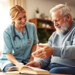 Offering in home health care services near me, a caregiver supports an elderly person in a warm living room.