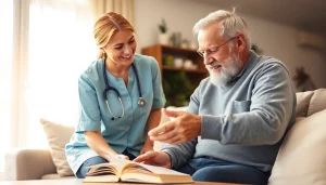 Offering in home health care services near me, a caregiver supports an elderly person in a warm living room.