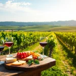 Enjoying Clarksburg wine tasting with a vineyard backdrop, featuring wine glasses and cheese.