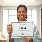 CQM certification proudly displayed by a healthcare professional in a bright office setting.