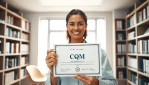 CQM certification proudly displayed by a healthcare professional in a bright office setting.