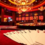 Experience luxury gambling with Nhà Cái 68VIP Có Uy Tín, showcasing roulette and elegant cards in a vibrant casino ambiance.