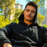 A model showcasing a black zip up hoodie in an urban park, radiating casual comfort.