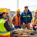 Engaged trainees in construction workforce training using tools outdoors, showcasing hands-on learning.