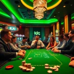 KJC casino players celebrating a win at a luxurious poker table with vibrant slot machines in the background.