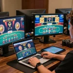 Engaged player strategizing on 99Win online casino using multiple screens with vibrant game interfaces.