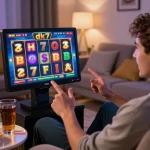 Player engaging with dk7 slot on smartphone in cozy living room setting, highlighting vibrant graphics and gaming excitement.
