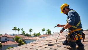 Engaging roof repair Bay Area scene with contractors working on a sunny residential rooftop.