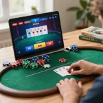 Player enjoying hbet online poker, focused on strategy while surrounded by a cozy home setup.