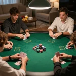 Players in a F168 poker game strategizing their moves, vibrant chips and cards in focus creating an engaging scene.