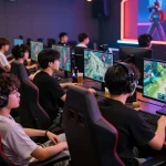 Engaged gamers analyzing odds on mk8th platform during an exciting esports event.