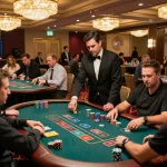 BL555 players strategizing at a busy casino table, vibrant atmosphere with excitement.