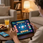 Player enjoying Tai Xiu online gaming strategy on tablet in cozy home atmosphere