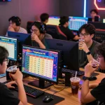 Pemain yang bersemangat menganalisis hasil Pengeluaran HK di lingkungan permainan online yang dinamis.