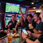 Betting excitement at 88CLUB, with friends using mobile betting apps in a lively sports lounge.