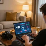 Player enjoying online gambling at PH22 on laptop in a cozy home setting.