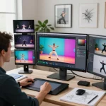 The digital artist using motion control AI to create animations, showcasing mind control over character movements in a vibrant studio.