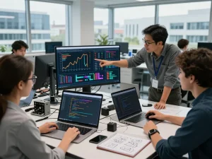 Engineers analyzing hbet data in a modern research lab, showcasing collaboration and innovation.