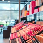 Showcase of makeup wholesale products in a chic boutique, emphasizing vibrant colors and quality.