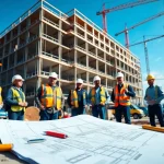 New Jersey Commercial General Contractor team collaborating on a construction project with blueprints and tools.