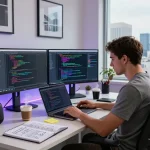 Developer coding with WPS Office software in a modern workspace.