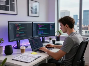 Developer coding with WPS Office software in a modern workspace.