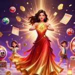 Engage with kết quả bóng đá hôm nay through a vibrant scene showcasing a beautiful Asian woman, coins, and dynamic lottery elements.