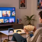 Enjoying movie night with Pikashow app streaming on smart TV in a cozy living room.