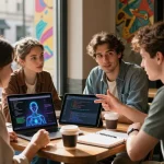 Group of young adults discussing AI technology and virtual companions at a trendy café, showcasing the concept of ai slut.