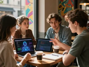 Group of young adults discussing AI technology and virtual companions at a trendy café, showcasing the concept of ai slut.