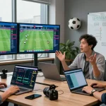 A diverse team at soikeonhacai.com.co analyzing football betting data with real-time statistics and strategic insights in a modern office.