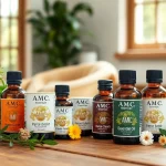 Presenting AMC Essentials essential oils with fresh herbs in a serene, natural setting.