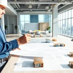 New York General Contractor reviewing building plans with clients in a bright office.