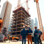 New York Commercial General Contractor managing skilled workers on-site for a major construction project.