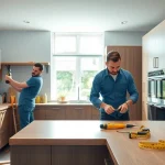 Skilled kitchen fitters near me working in a contemporary kitchen installation.