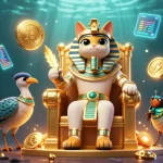Engage in exciting bets at bj388 with an energetic 3D scene featuring a pharaoh cat and vibrant casino elements.