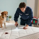 Bed bug exterminator inspecting a mattress for signs of infestation in a tidy bedroom.