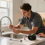 Expert repair by a 24 hour plumber San Diego fixing a leaky faucet in a modern kitchen