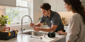 Expert repair by a 24 hour plumber San Diego fixing a leaky faucet in a modern kitchen