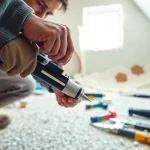 Performing spray foam removal with specialized tools in a clean residential environment.