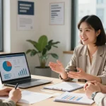 Financial advisor discussing financial health with clients in a modern office.