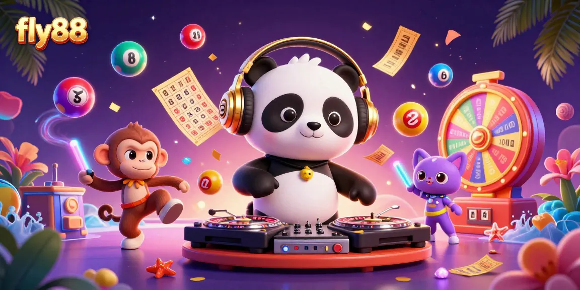 Experience dynamic gameplay with fly88, featuring a DJ panda, breakdancing monkey, and kittens in a colorful casino setting.