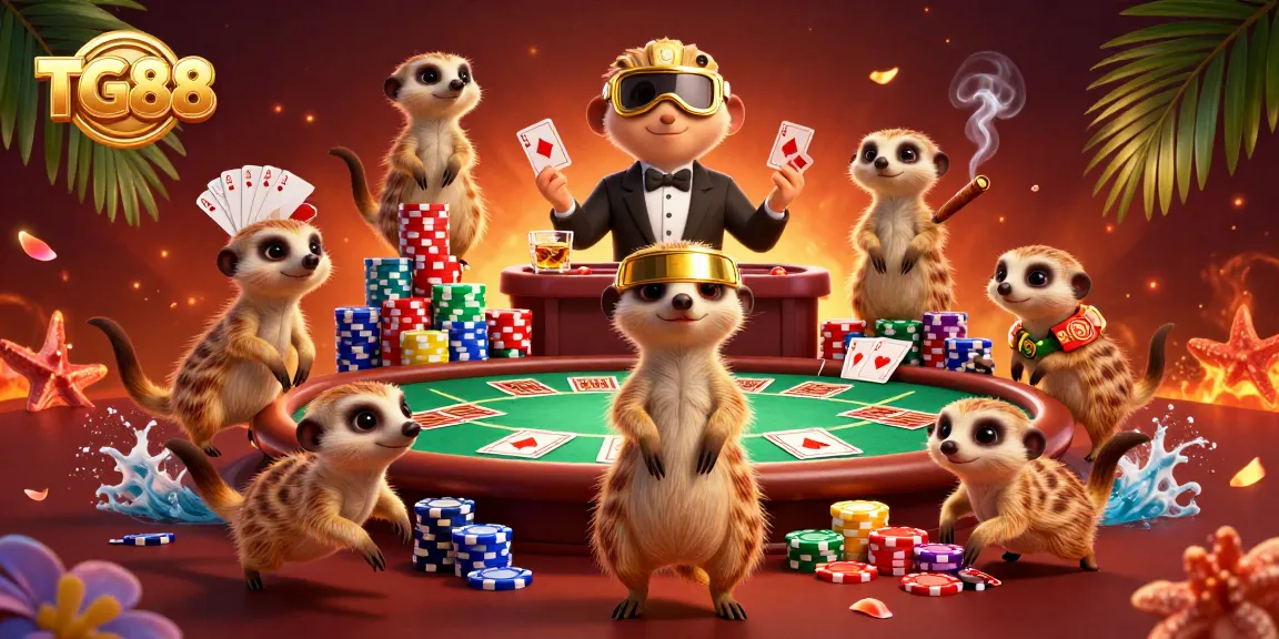 Experience the excitement of TG88 with meerkats running a vibrant casino scene filled with poker action.