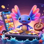 Experience the vibrant qs88live casino scene with a neon axolotl DJ spinning games and golden coins.