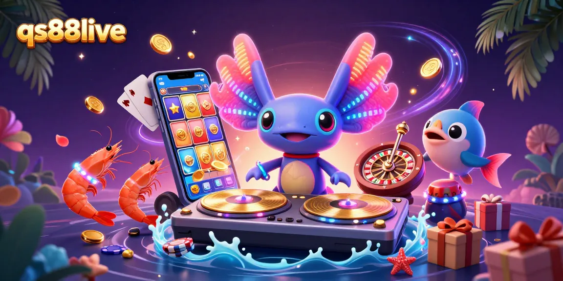 Experience the vibrant qs88live casino scene with a neon axolotl DJ spinning games and golden coins.