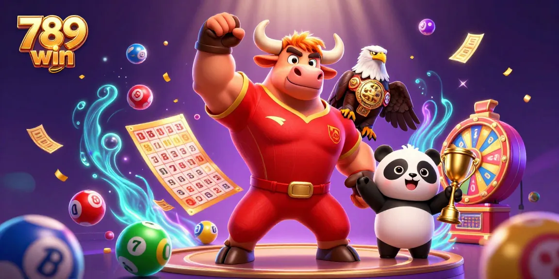 Engage with 789 win by enjoying a vibrant scene featuring lottery elements and joyful mascots.