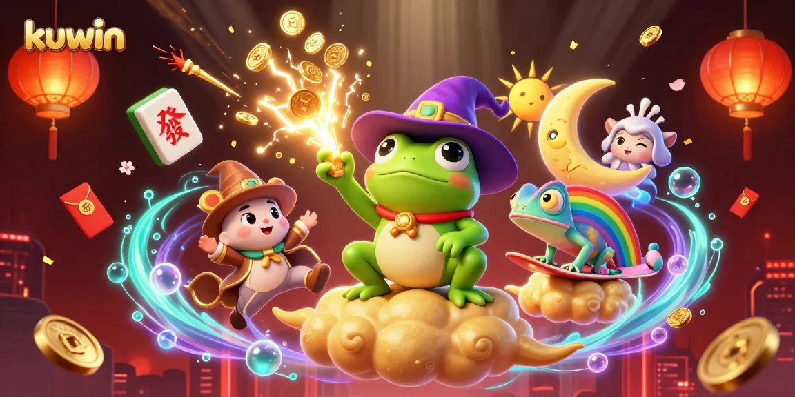 kuwin promotes thrilling gameplay with dynamic casino characters amidst a storm of golden coins.