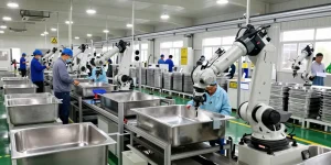 stainless steel basin factory workers assembling sinks in a modern manufacturing facility.